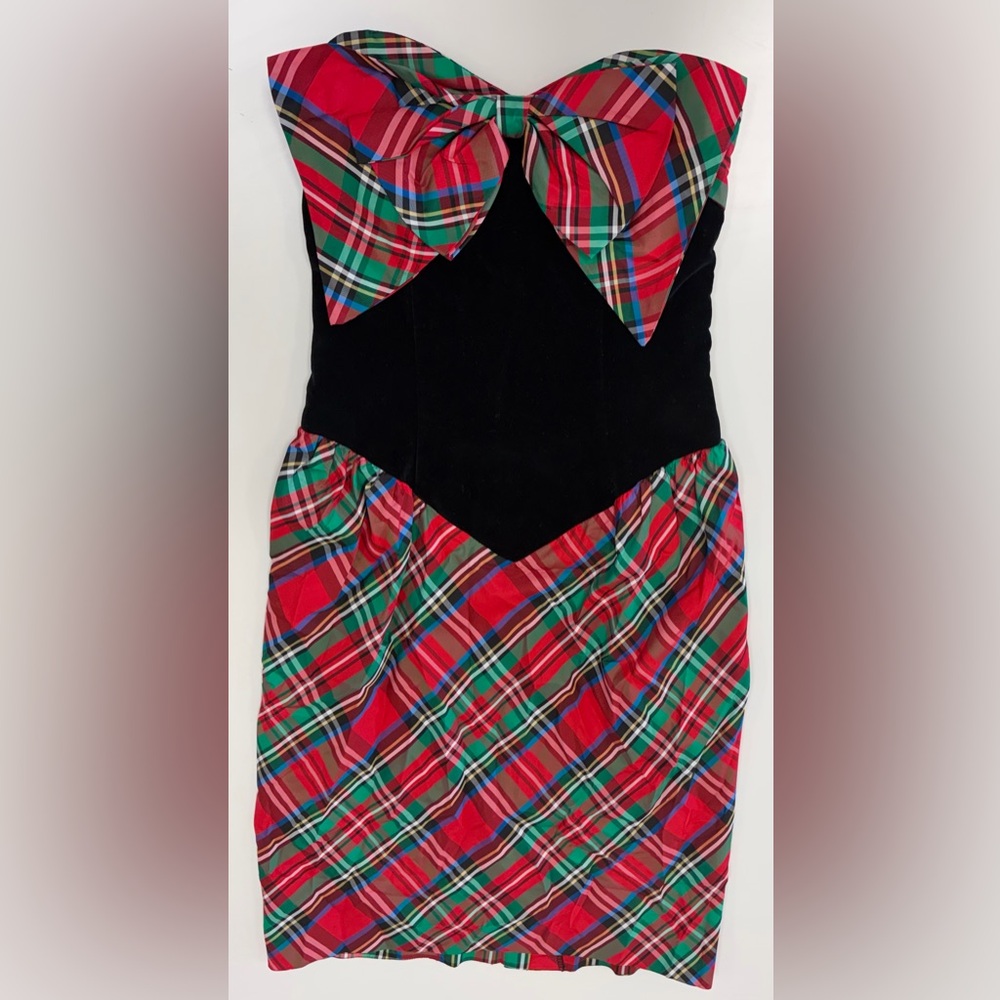 Vintage Leslie Lucks Holiday Tartan Plaid Bow Velvet Drop Waist Strapless Dress - Picture 12 of 14
